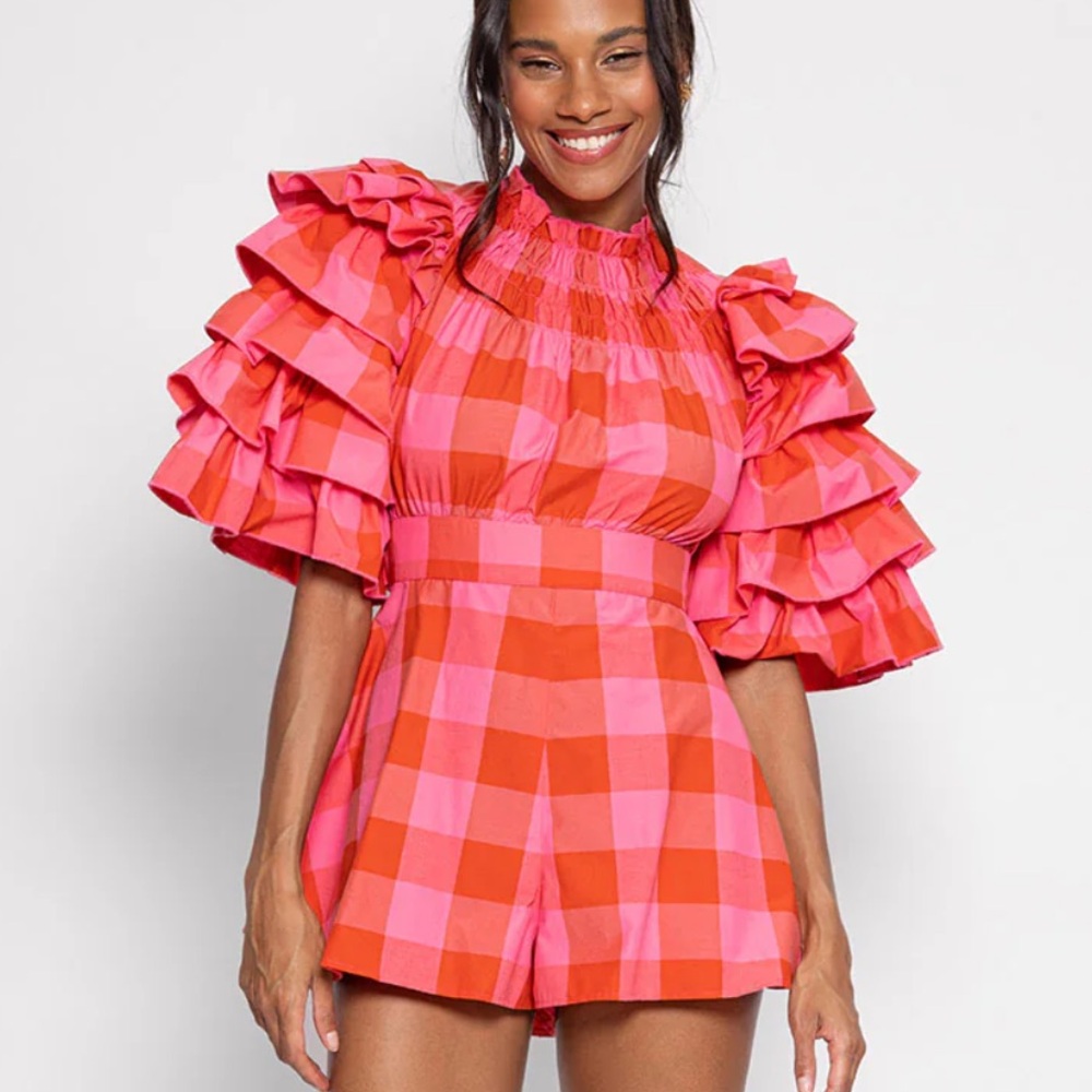 Pink and Red Checkered Ruffle Sleeve Jumpsuit